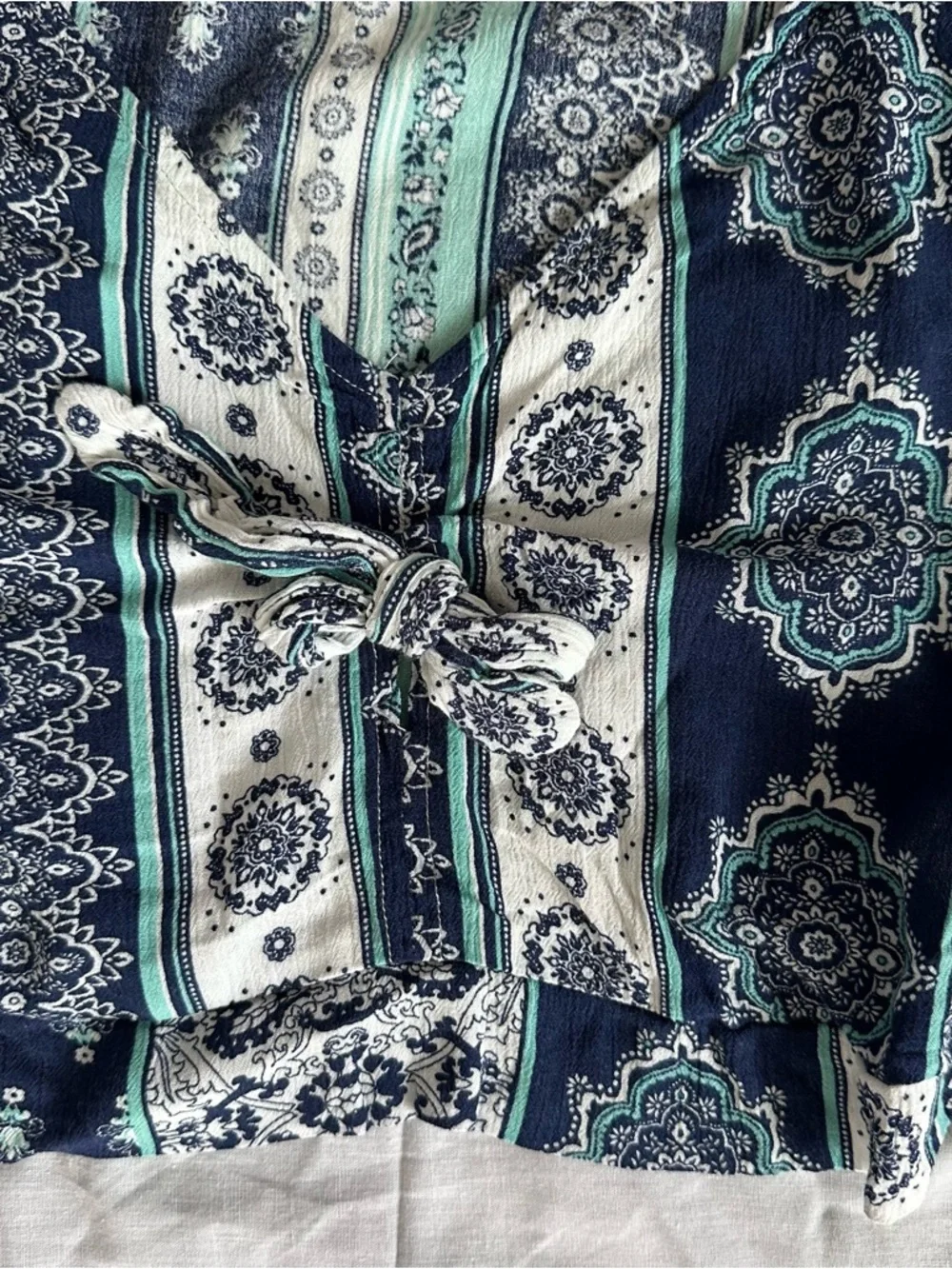 Le Lis Boho Tie Front Crop Top Medium Navy Teal Bell Sleeve - Picture 8 of 14